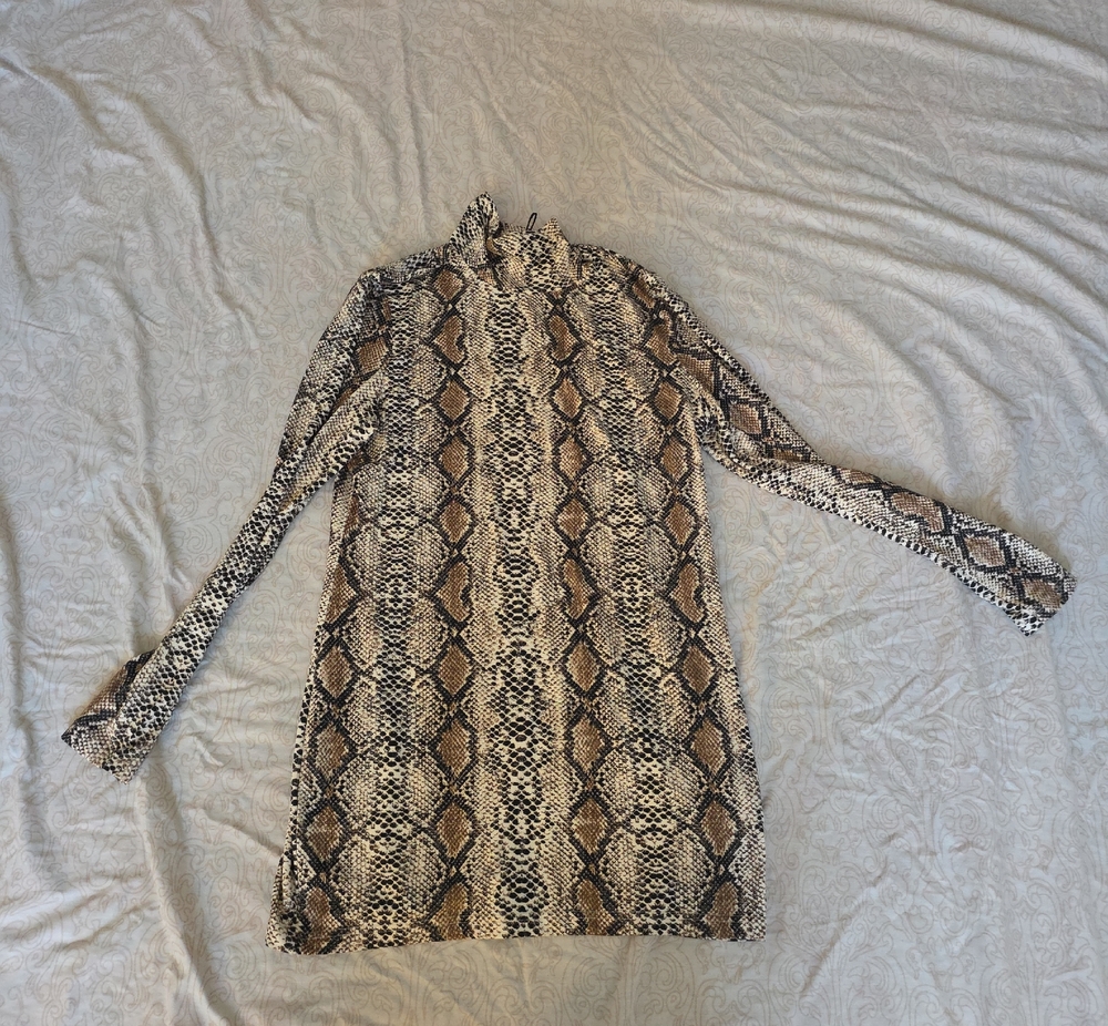 High-Neck Snake Print Long Sleeve Dress - Brown/Tan